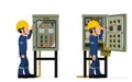 Industrial workers use screwdriver tester to measuring electric current in the electrical control cabinet