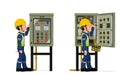 Industrial workers use screwdriver tester to measuring electric current in the electrical control cabinet