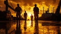 Industrial workers walking at sunset in shipyard with dramatic sky and reflections on wet surface Royalty Free Stock Photo