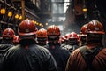Industrial workers working in a metallurgical plant. Heavy industry, rear view of a Group of mine workers wearing helmets, AI