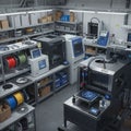 Industrial workshop with advanced 3D printers and equipment, featuring a variety of Royalty Free Stock Photo