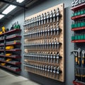 Industrial workshop featuring a wall-mounted tool display. Numerous drill bits are organized on metal racks Royalty Free Stock Photo