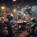 Industrial Workshop With Friendly Robots Toiling Over Their Latest Creation Royalty Free Stock Photo