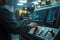 Robotic CNC machine operator programs automated milling system in industrial workshop. Generative AI