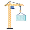 Industrial yellow crane operating and lifting generator or container. Modern truck crane with an upper cabin