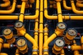 Industrial Yellow Gas Pipes with Valves and Meters. Royalty Free Stock Photo