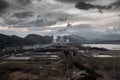 Coal power station releasing toxic emissions in nature, drone shot Royalty Free Stock Photo