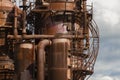 Close-up of industrial pipelines of an oil-refinery plant