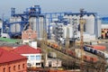 Industrial zone of Odessa sea cargo port with grain dryers Royalty Free Stock Photo