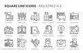 Industries related, square line vector icon set