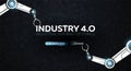 Industry 4.0 banner with robotic arm. Smart industrial revolution, automation, robot assistants. Vector illustration.