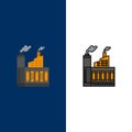 Industry, Building, Construction, Factory, Smoke  Icons. Flat and Line Filled Icon Set Vector Blue Background Royalty Free Stock Photo