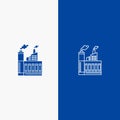 Industry, Building, Construction, Factory, Smoke Line and Glyph Solid icon Blue banner Line and Glyph Solid icon Blue banner Royalty Free Stock Photo