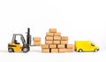 Industry and business transportation with forklift loading product box.economy with demand and supply concepts