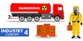 Industry concept. Detailed illustration of cistern truck carrying chemical, radioactive, toxic, hazardous substances and