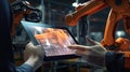 Industry 4.0 concept .Man hand holding tablet with Augmented reality screen software and blue tone of automate wireless