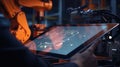 Industry 4.0 concept .Man hand holding tablet with Augmented reality screen software and blue tone of automate wireless