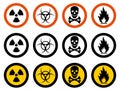 Industry concept. Set of different signs: chemical, radioactive, dangerous, toxic, poisonous, hazardous substances