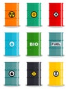 Industry concept. Set of different silhouettes barrel for liquids: water, oil, biofuel, explosive, chemical, radioactive