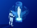 Industry 4.0 Cyber-Physical Systems concept. Isometric robot cyborg with artificial intelligence working on abstract hud