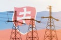 Double exposure - power line, tower and flag Slovakia