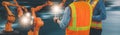 Industry engineer team in factory, Inspection and maintenance, control automated robot arm machine learning operation,concept