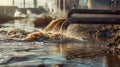 Industry and factory discharging brown murky wastewater through the pipe into wild river