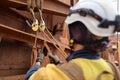 Industry inspector worker wearing a safety protection helmet inspecting, tie, secure stopping knot attached on descender device