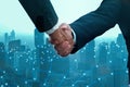 Industry investment and telecommunication business concept, business people team join and handshake and negotiate for mergers and Royalty Free Stock Photo