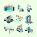 Industry isometric. Smart machinery robotic remote control production processes electronic equipment intellegence tools