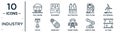 industry linear icon set. includes thin line coal wagon, electrolysis, eco windmill, timing belt, robotic arm,, oil tank, piston