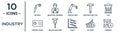 industry linear icon set. includes thin line welding, robotic arm, bin, drilling machine, oil price, currency, control panel icons