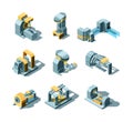 Industry machines. Machinery production working factory equipment grinder crane saw vector heavy industry isometric