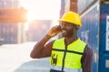 Industry male worker using cellphone calling contact people with happy smile good expression