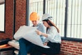 Industry manager and engineer, businessman reading and checking blueprint, drawing in the room