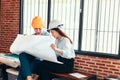 Industry manager and engineer, businessman reading and checking blueprint, drawing in the room