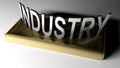 INDUSTRY metallic chrome write on brass stand, isolated on white surface - 3D rendering illustration