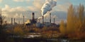 Industry metallurgical plant with heavy smoke causing air pollution on smoky sky background. AI generative illustration