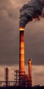 Industry metallurgical plant with pipes and heavy black smoke causing air pollution on smoky sky grey background. AI generative