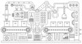 Industry production, manufacture and conveyor machine thin line infographic factory chain