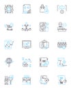 Industry review linear icons set. Analysis, Overview, Assessment, Evaluation, Critique, Report, Inspection line vector Royalty Free Stock Photo