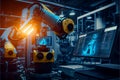 Industry 4.0 Robot concept .Engineers use tablet computer for machine maintenance, automation tools, robot arm at the