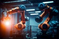 Industry 4.0 Robot concept .Engineers use tablet computer for machine maintenance, automation tools, robot arm at the