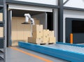 Industry robot picking parcels from truck cargo container