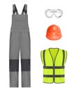 Industry uniform. Realistic workwear professional constructors or engineer pants helmet shoes and jacket with reflection