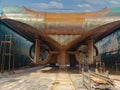 Industry view - Ocean Vessel in the dry dock in shipyard. Old rusty ship under repair Royalty Free Stock Photo