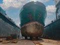 Industry view - Ocean Vessel in the dry dock in shipyard. Old rusty ship under repair Royalty Free Stock Photo