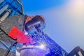 Industrial worker welding closeup in factory. Royalty Free Stock Photo