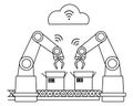 Industry 4.0 wireless network robotic assembly line. Unfilled line art