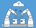 Industry 4.0 wireless network robotic assembly line. White filled line art Royalty Free Stock Photo